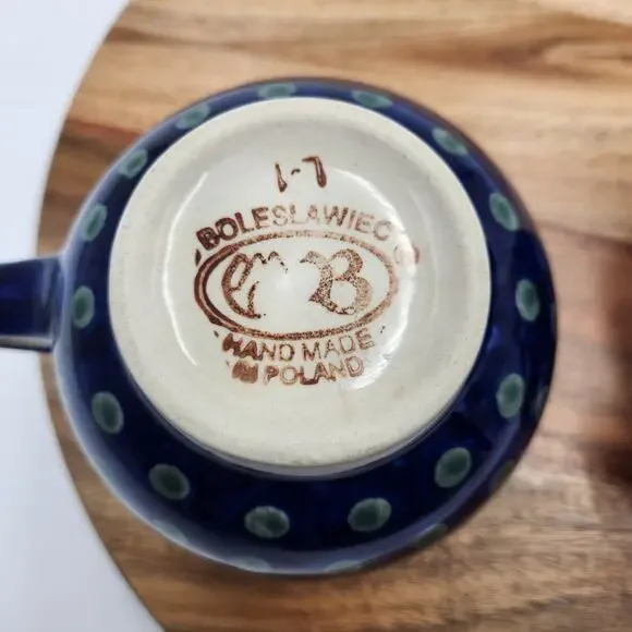 Pair Boleslawiec Polish Pottery Mugs Hand Made Cobalt Blue Greek Key Dot READ - Picture 8 of 10